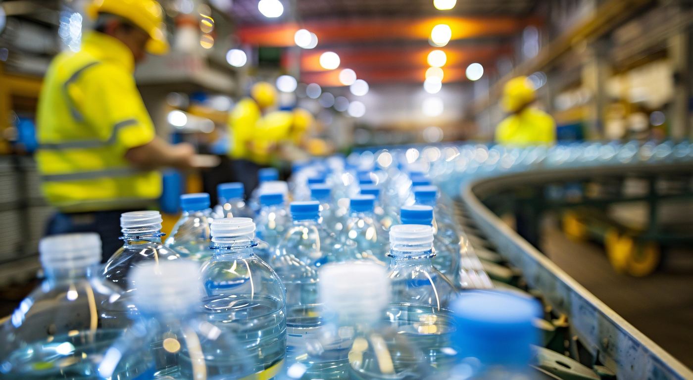 Plastic bottles moving along a production line